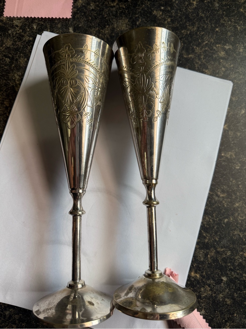 Pair of Vintage Etched EPNS Silver-Plated Champagne Flutes